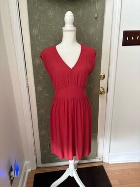 LOFT Red V-Neck Gathered Waist Midi Dress